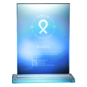 Blue award plaque with Wo r k i T O, Gold Partner text, and a ribbon icon on a stand