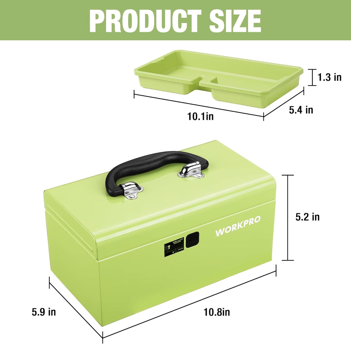 Lime green mini metal tool box with black handle and removable tray