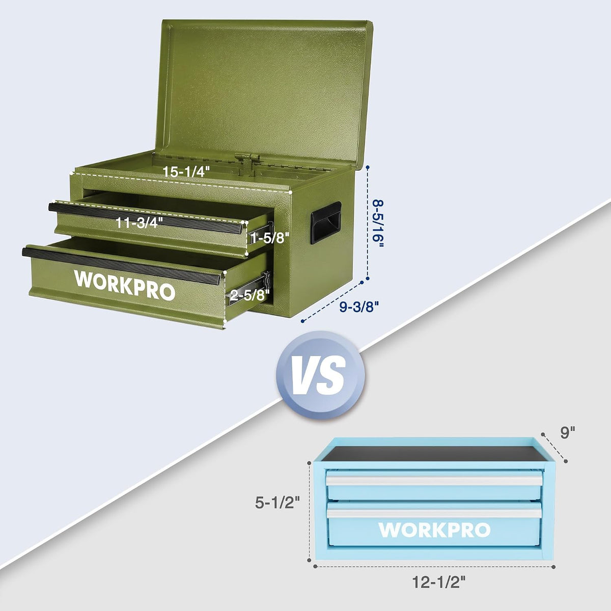 Workpro 15-inch metal tool box with two ball-bearing sliding drawers and an integrated safety lock