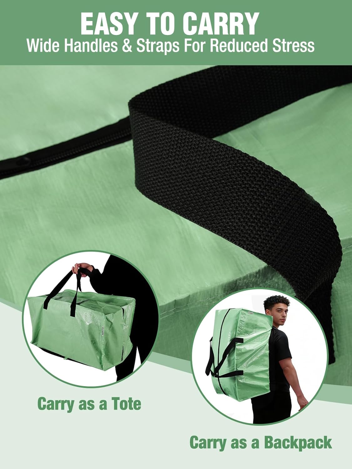 Green storage tote with wide black carry handles and straps, for tote or backpack use