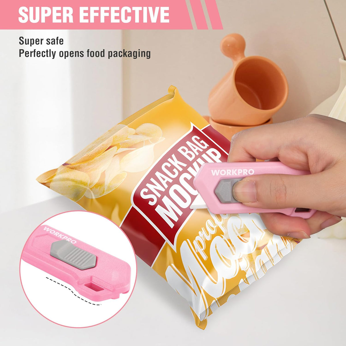 Pink safety box cutter opening a food pouch; retractable blade near package