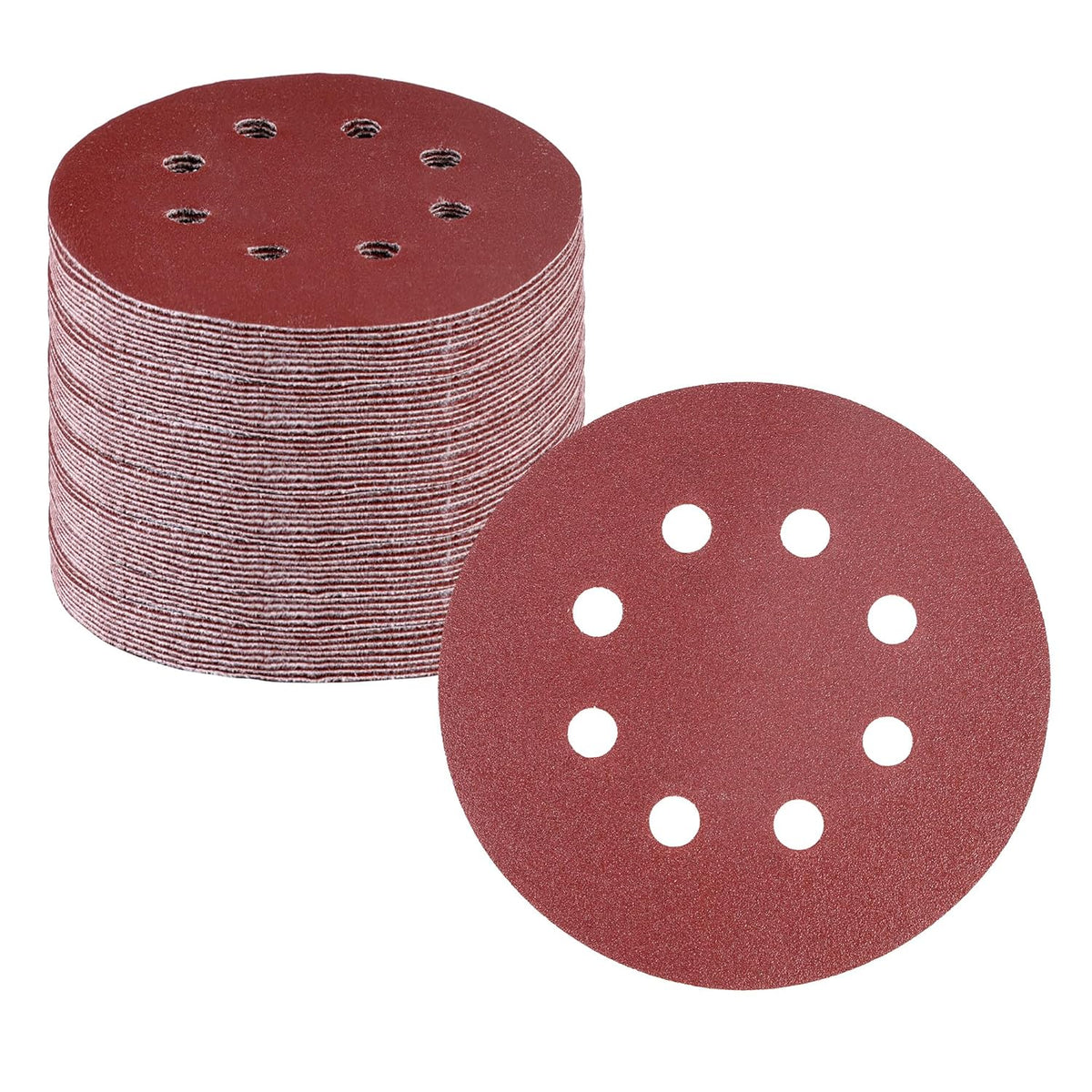 Red hook-and-loop sanding disc, 8-hole pattern, stacked with one disc front view