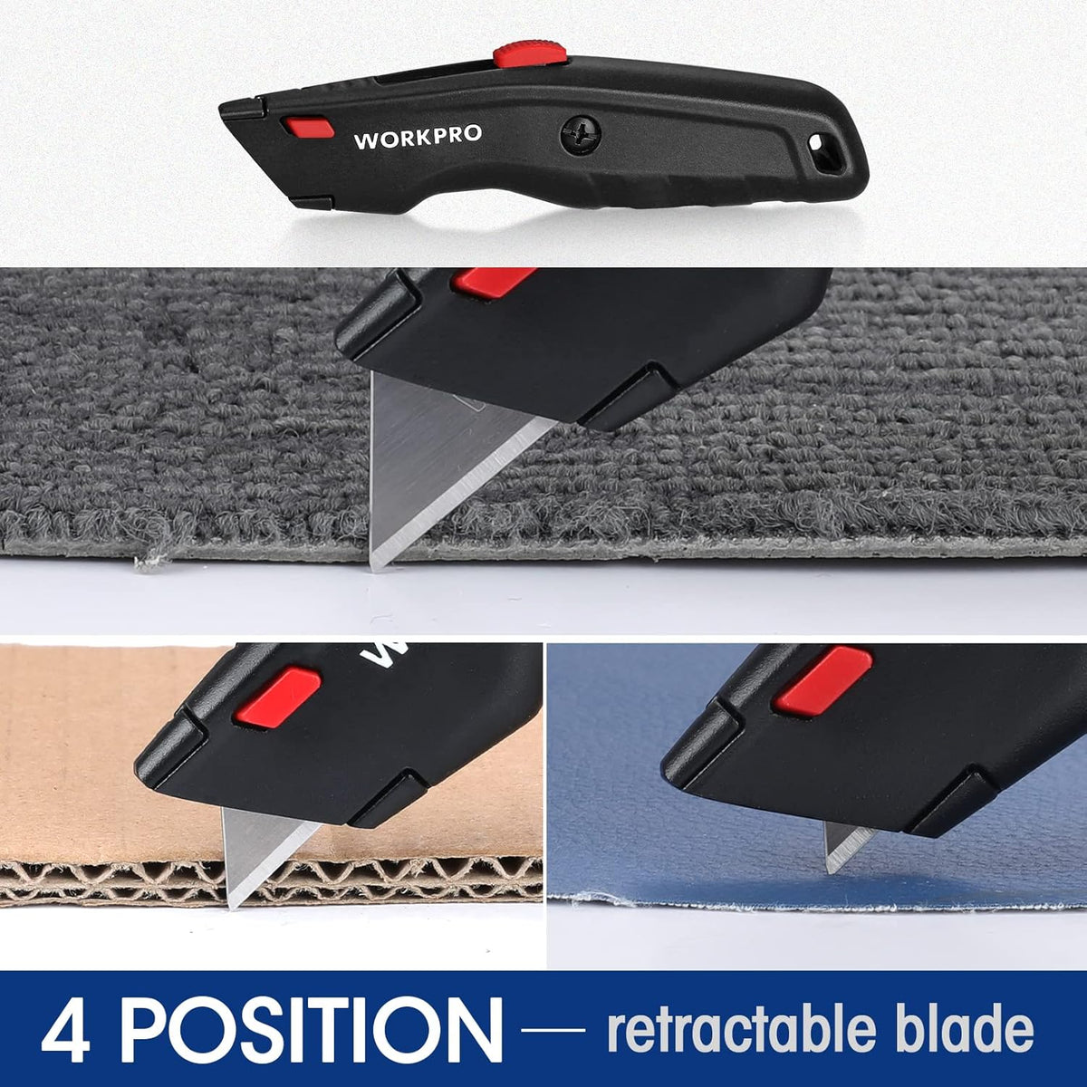 Retractable utility knife with extended blade cutting through fabric material