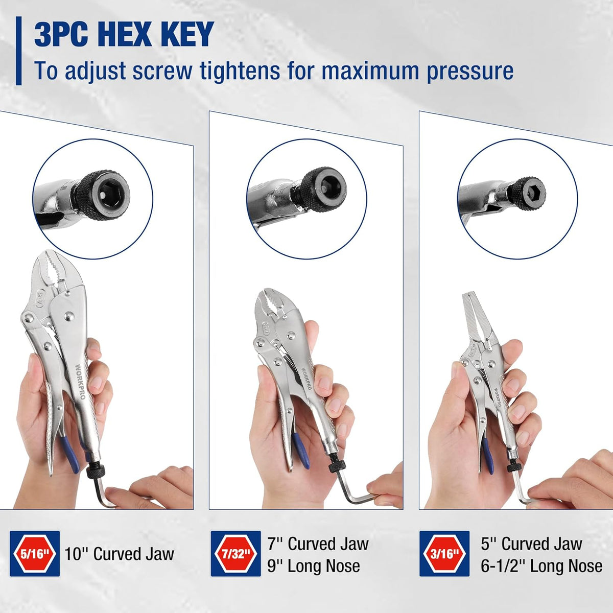 Curved-jaw locking pliers with long-nose vice grips, silver body, blue handles, hex key holes.