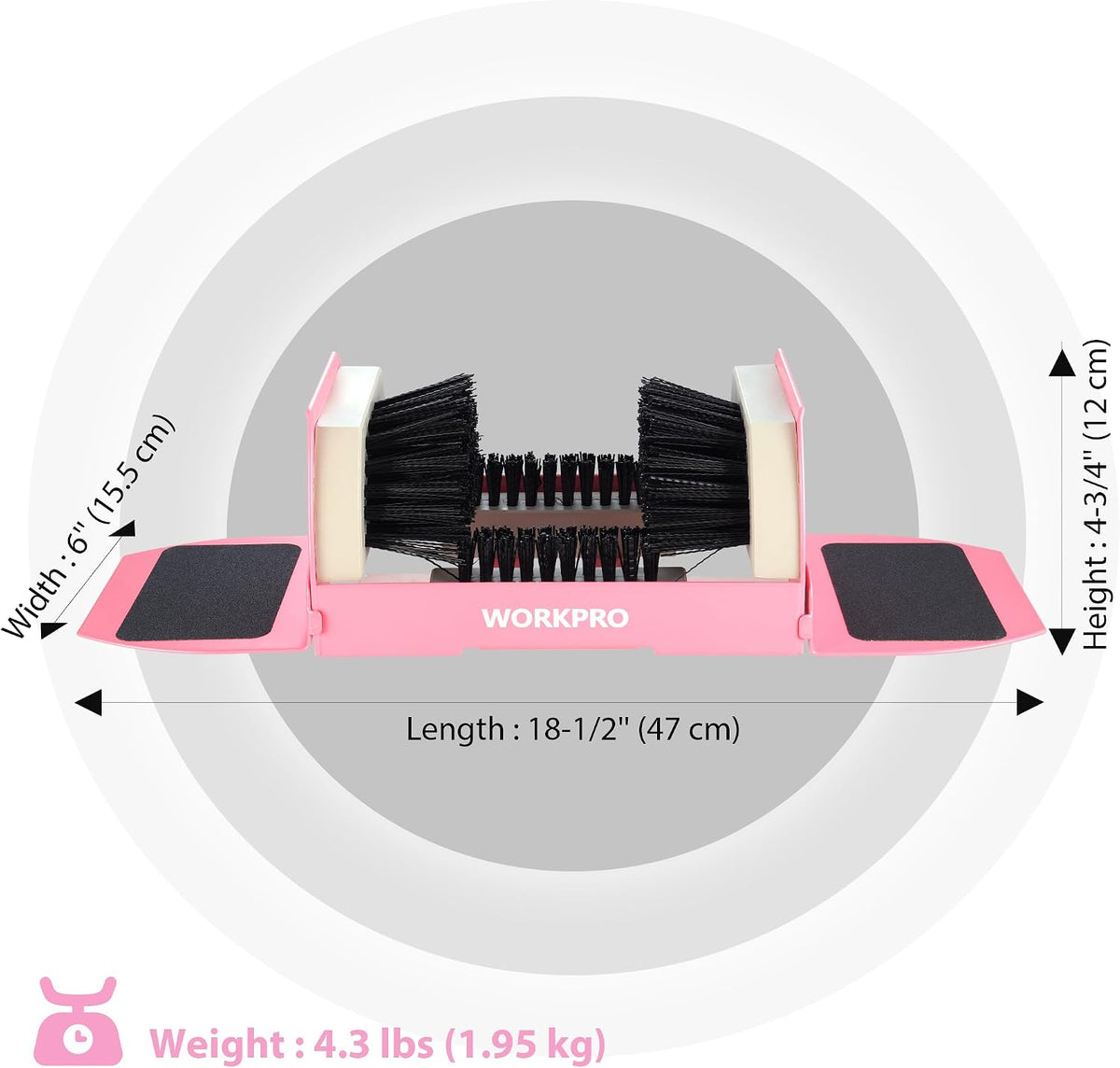 Workpro heavy duty boot cleaner in pink with four-sided flexible bristles and non-skid sandpaper plus a rubber mat.