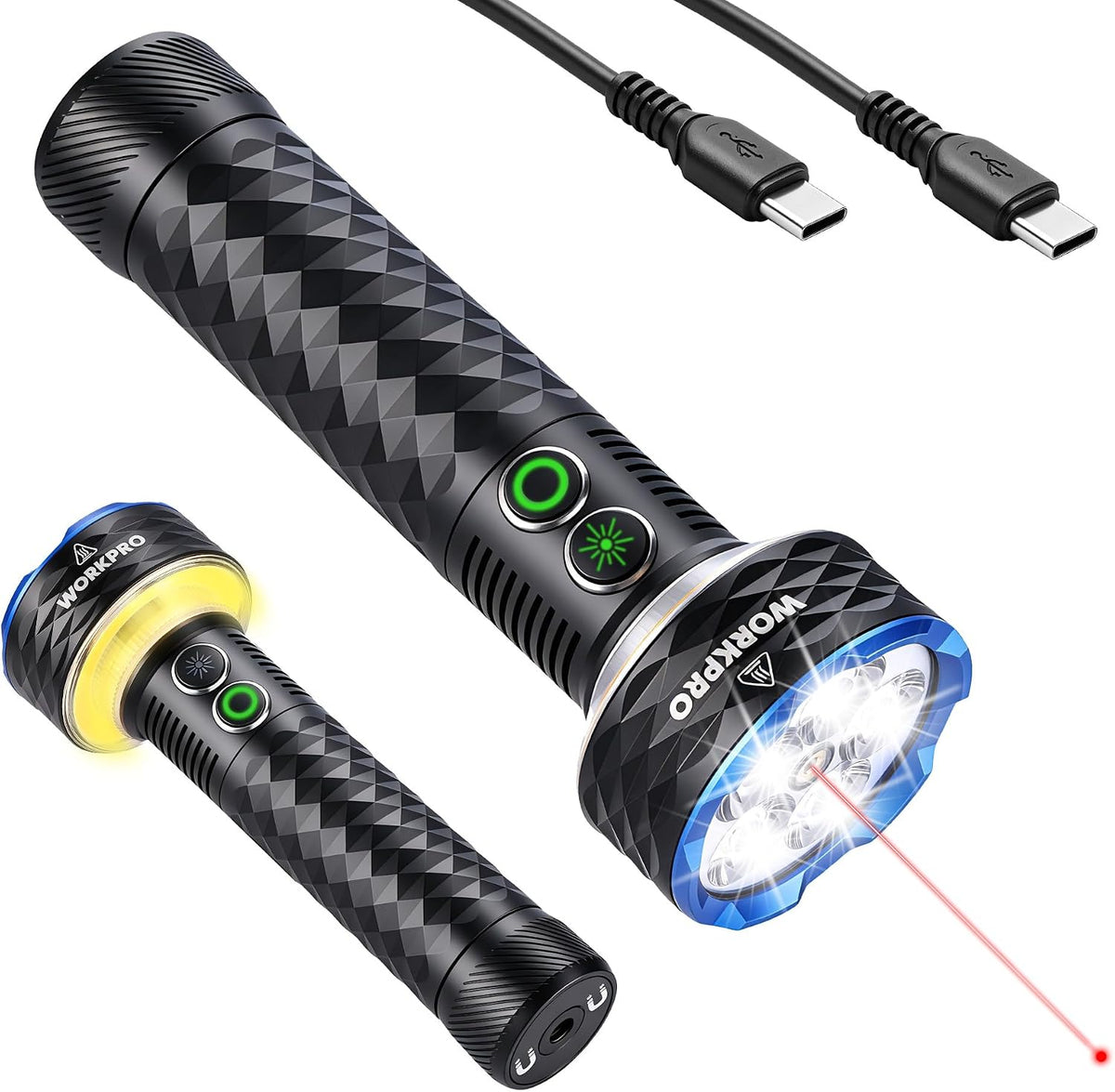 Rechargeable black LED flashlight with diamond grip, blue head glow, red laser dot