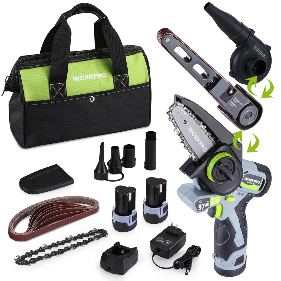WORKPRO Cordless Detail Belt Sander, Mini Chain Saw, Electric Blower, 3 ...
