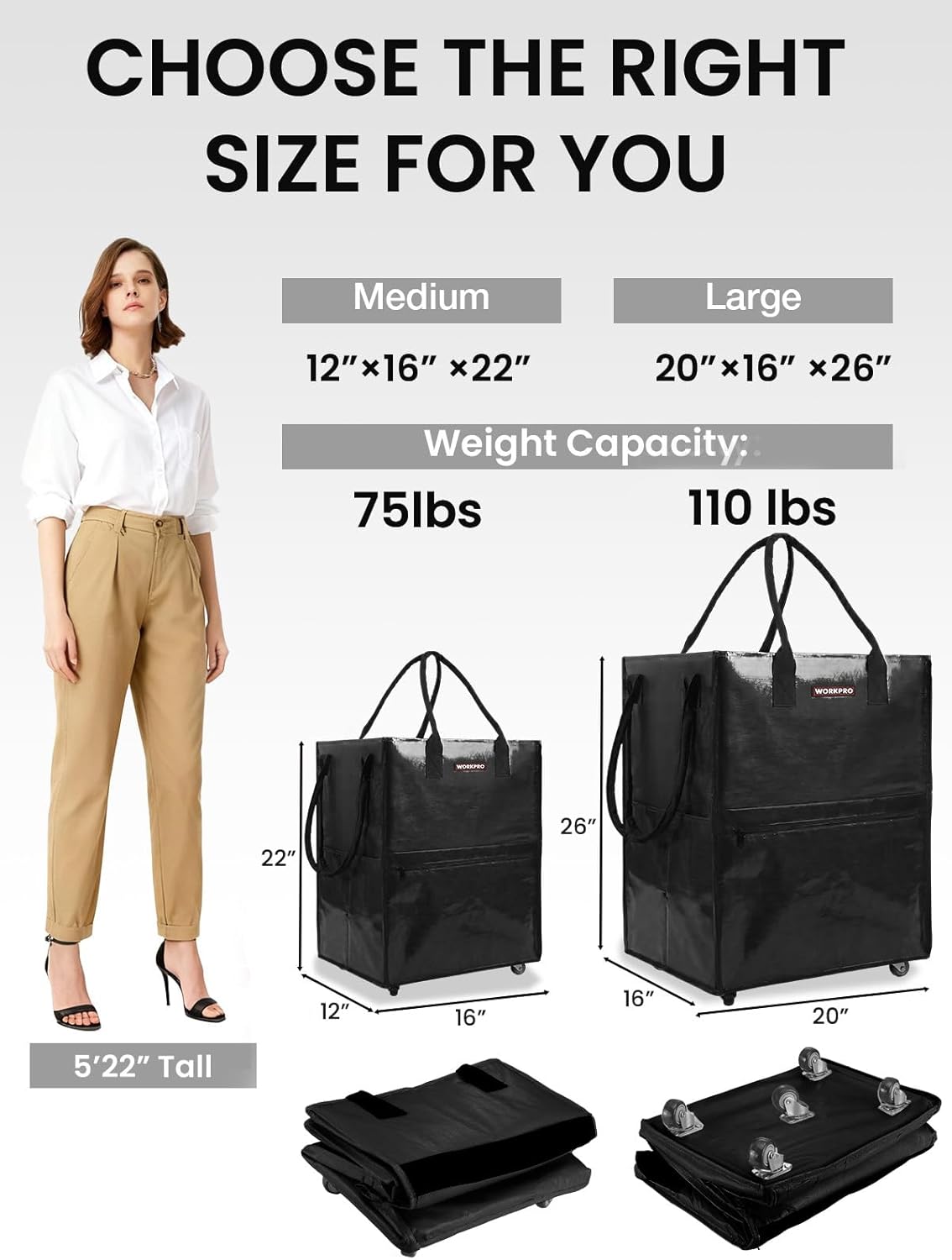 WORKPRO large rolling grocery tote, black, 5-wheel cart bag with wide zipper
