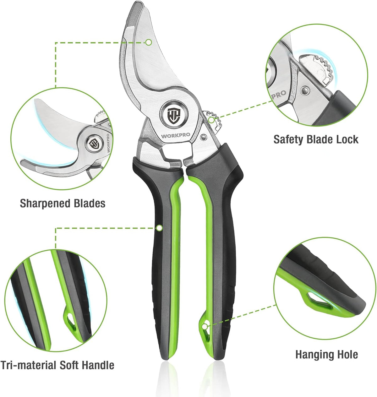 Bypass pruning shears with green grips and black handles; safety blade lock and hanging hole.