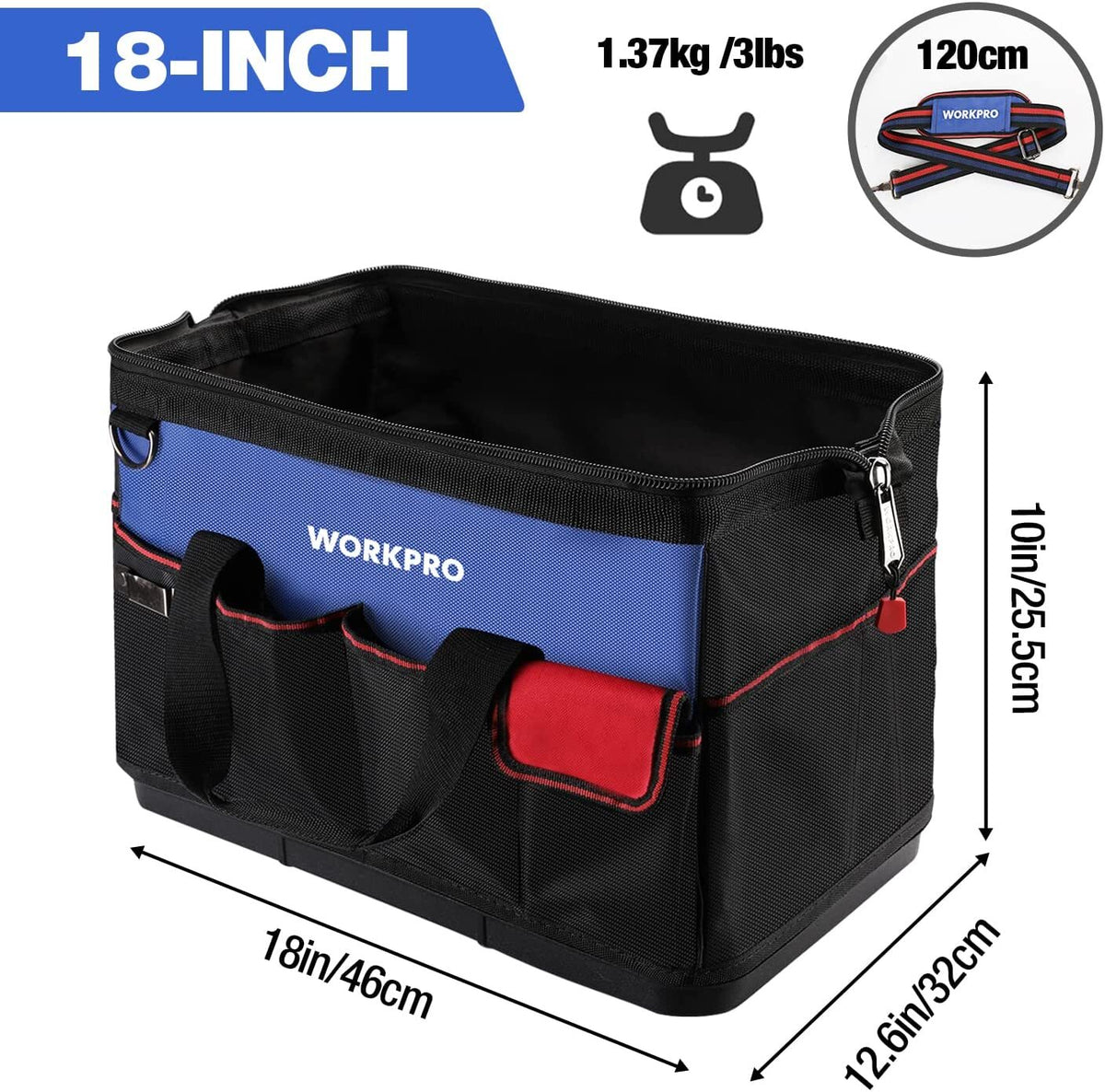 WORKPRO 18 inch tool tote bag in blue and black with innovation quality durable organized tool storage