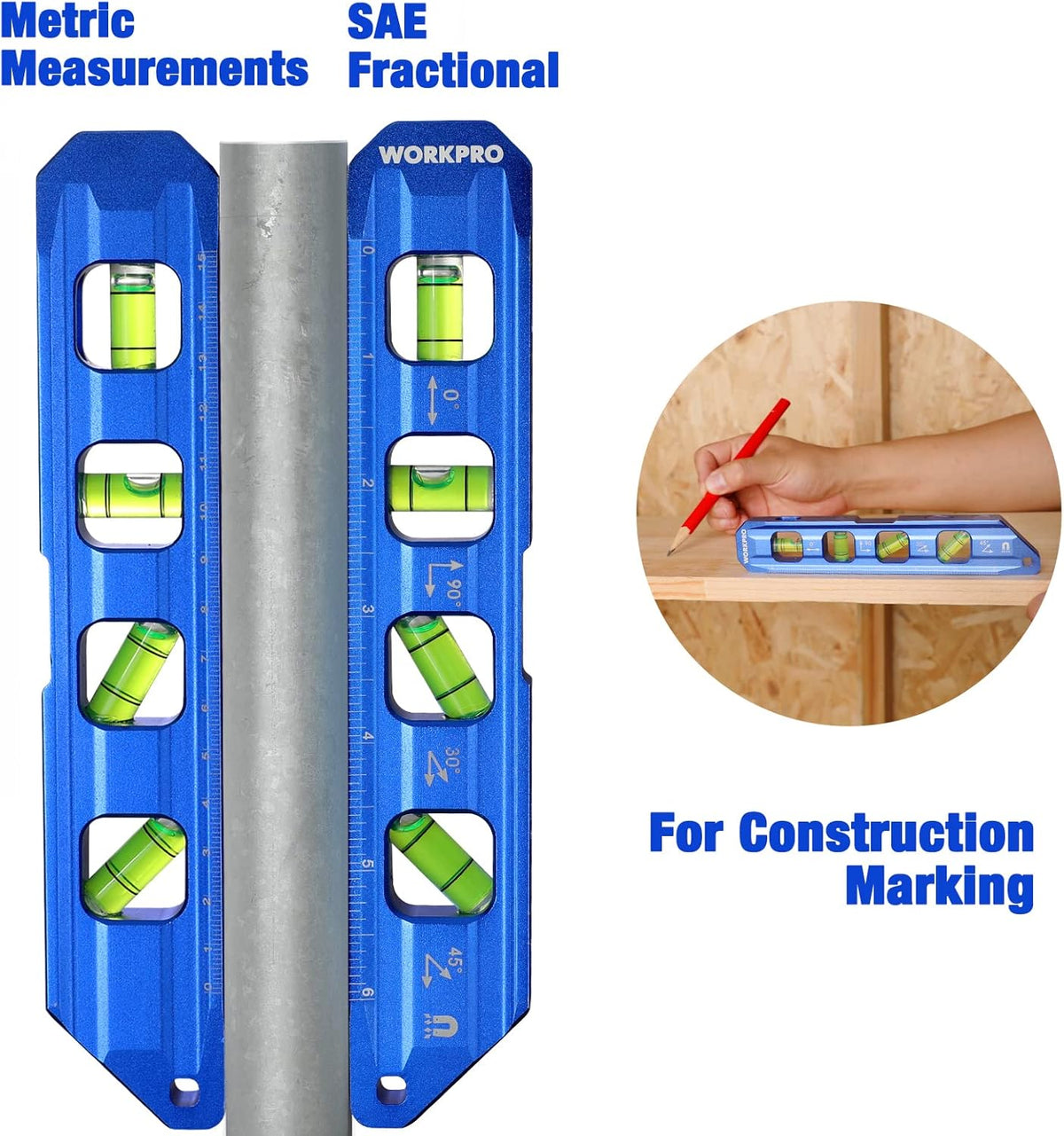 Cobalt blue aluminum torpedo level with four green bubble vials and measurement scale