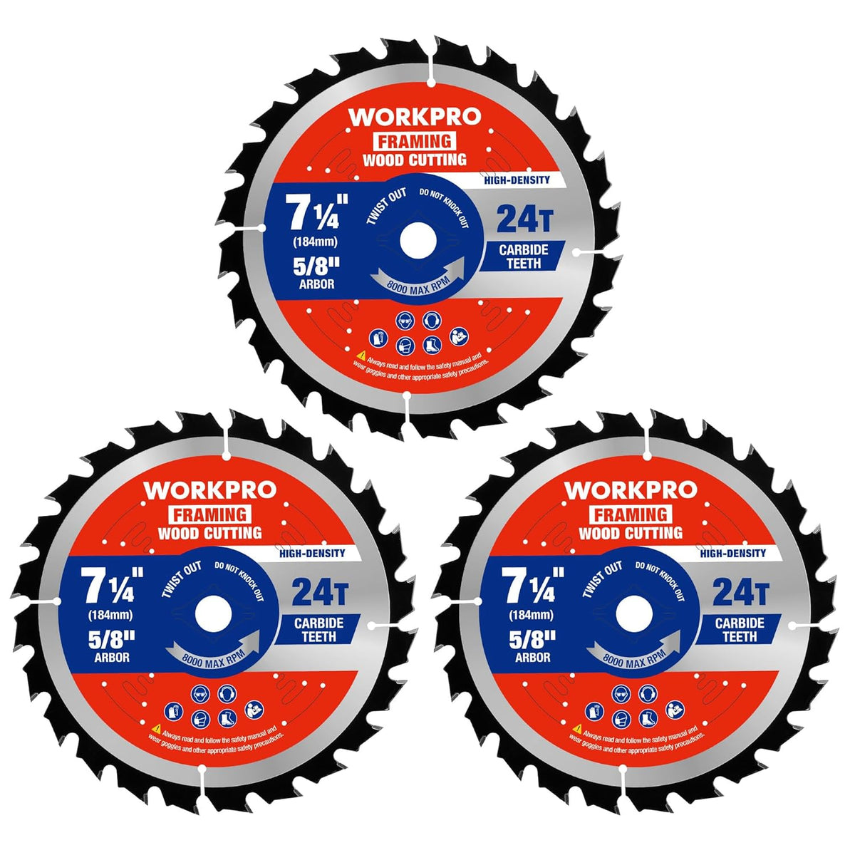 WORKPRO framing circular saw blades, 7-1/4 in, 24T carbide ATB, 3-pack