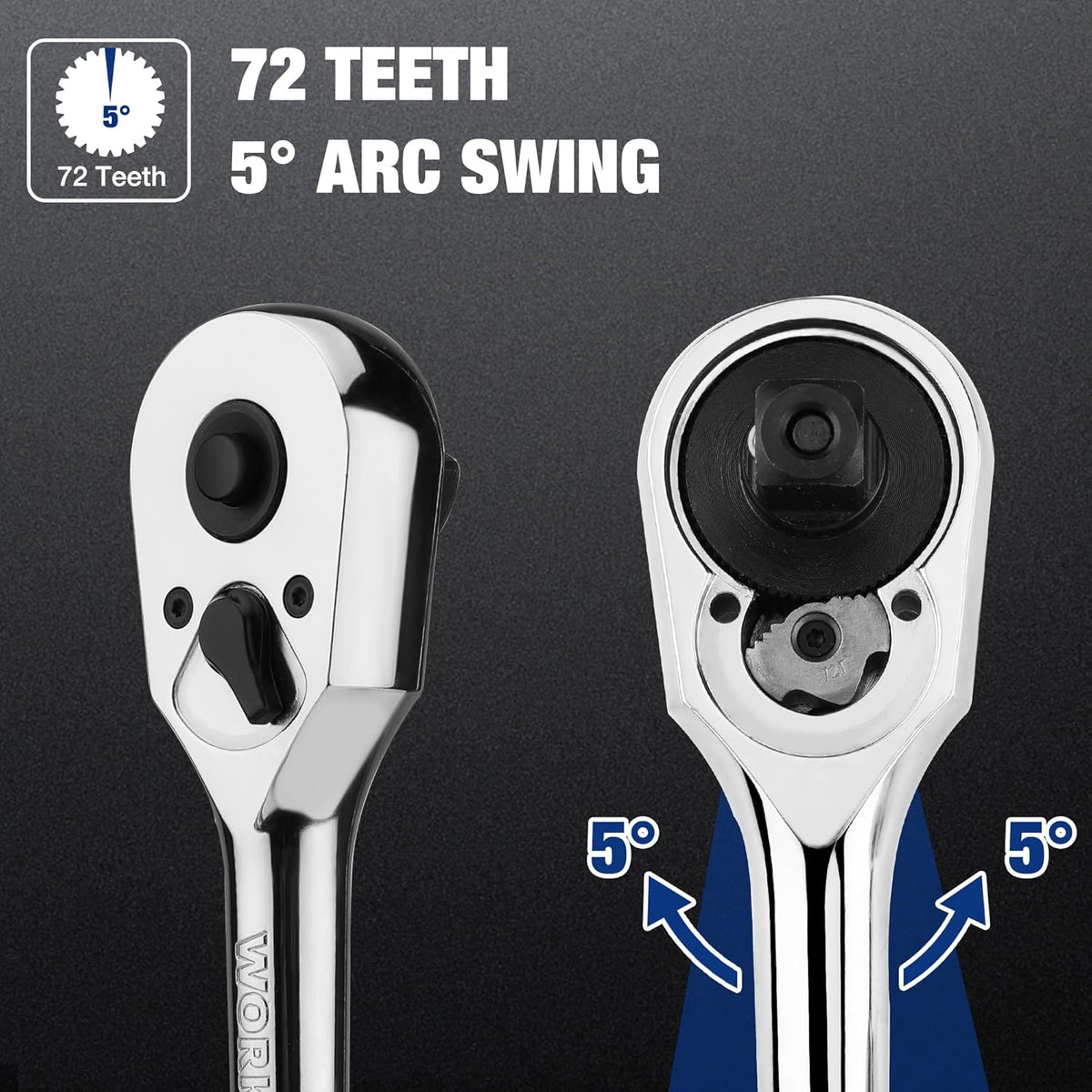 3/8 drive ratchet wrench head with 72-tooth gearing and 5° arc swing, chrome finish