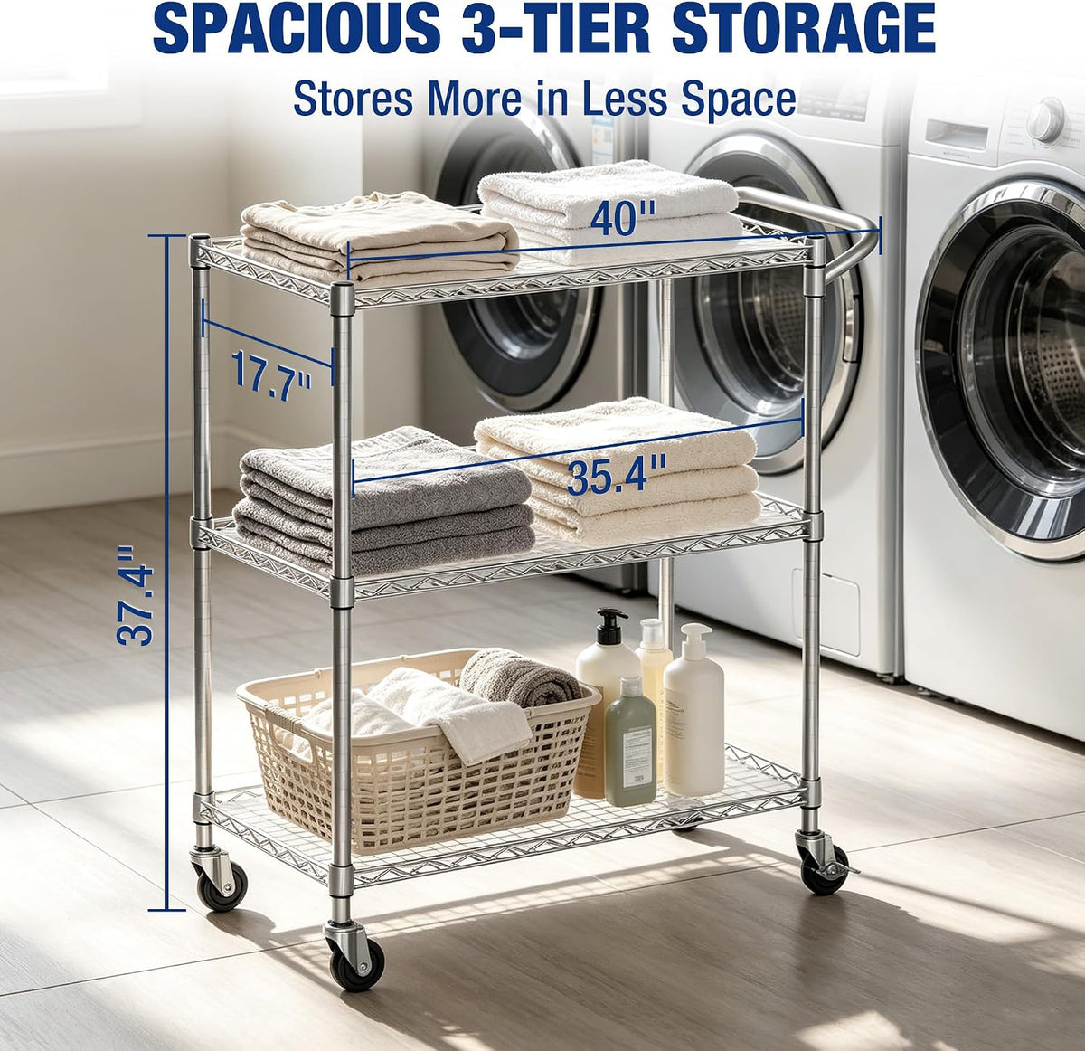 Workpro 3-tier utility cart with chrome wire shelves, four caster wheels, and a laundry storage basket.