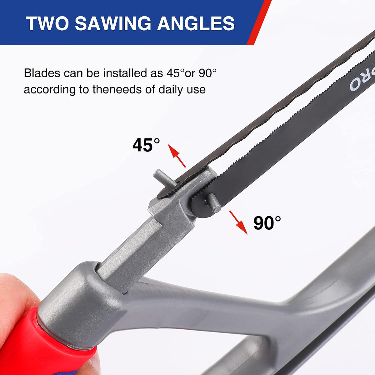 Workpro 12 inch hacksaw with adjustable 45/90 degree angles in red and grey, showing its metal frame