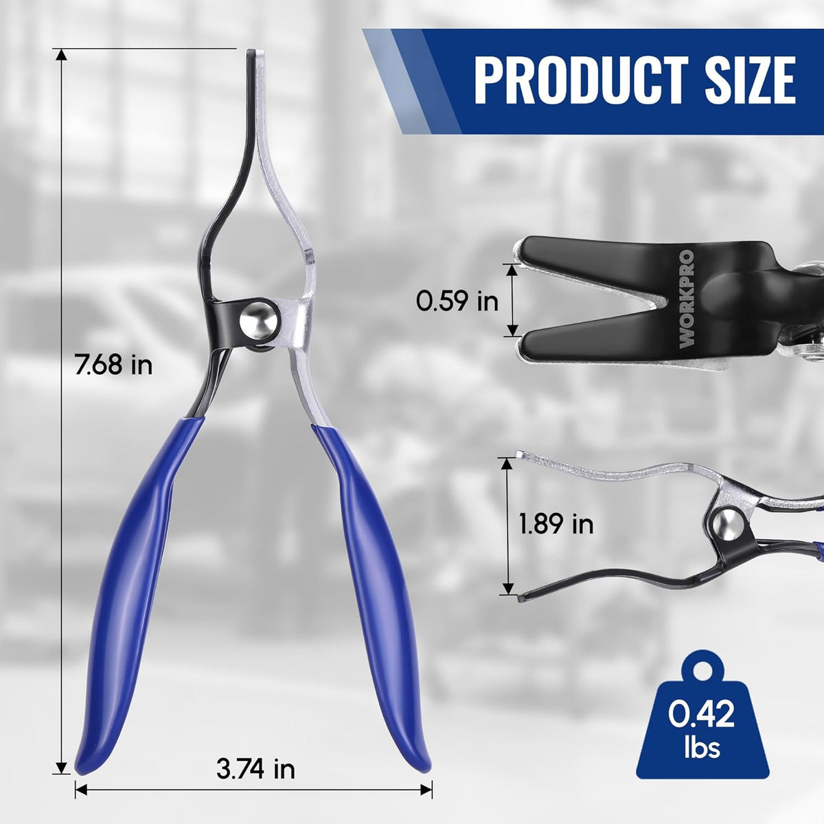 Blue and black hose removal pliers with spring-loaded jaws for gripping clamps