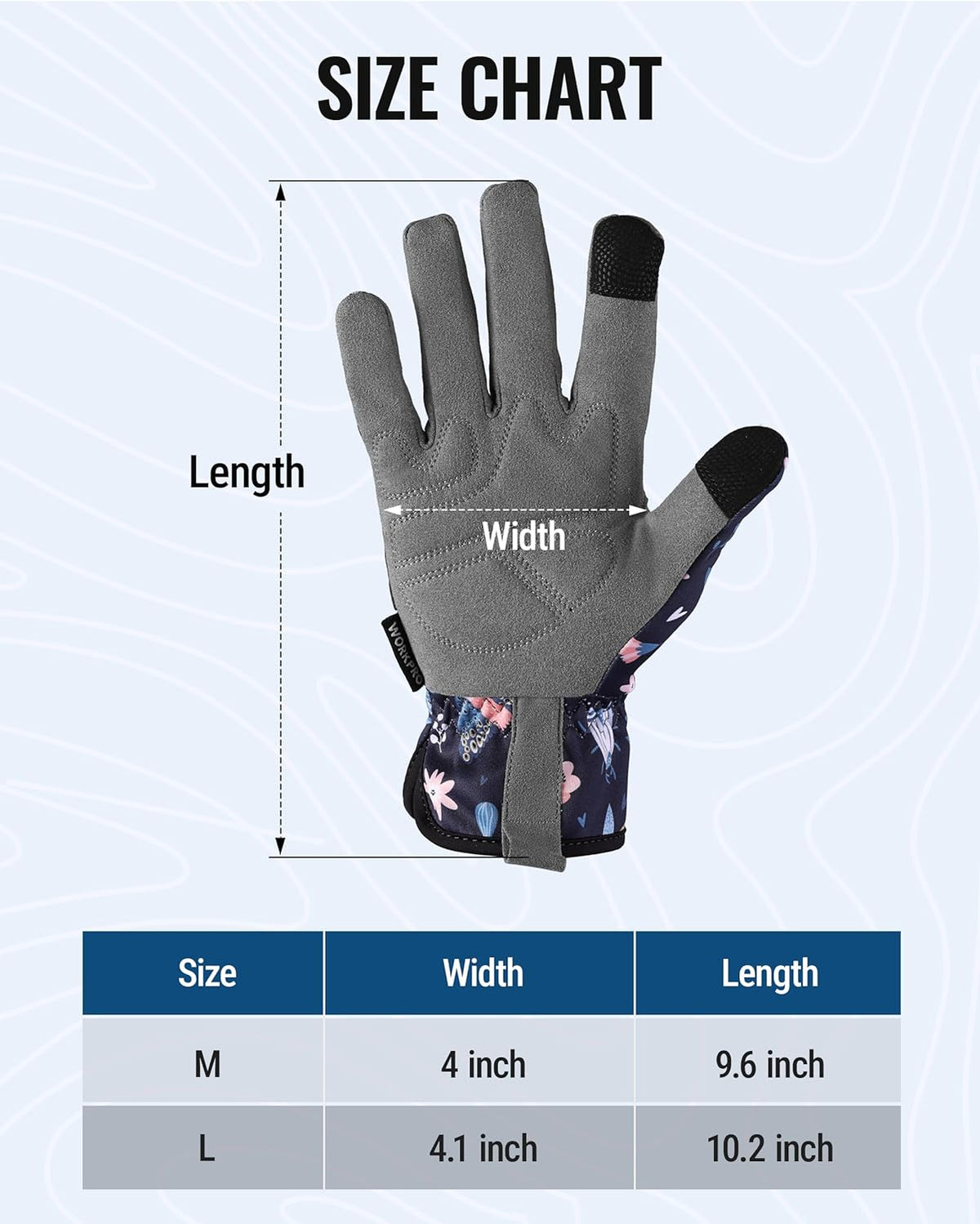 Women’s gardening work gloves, navy floral back with gray palm; size chart view