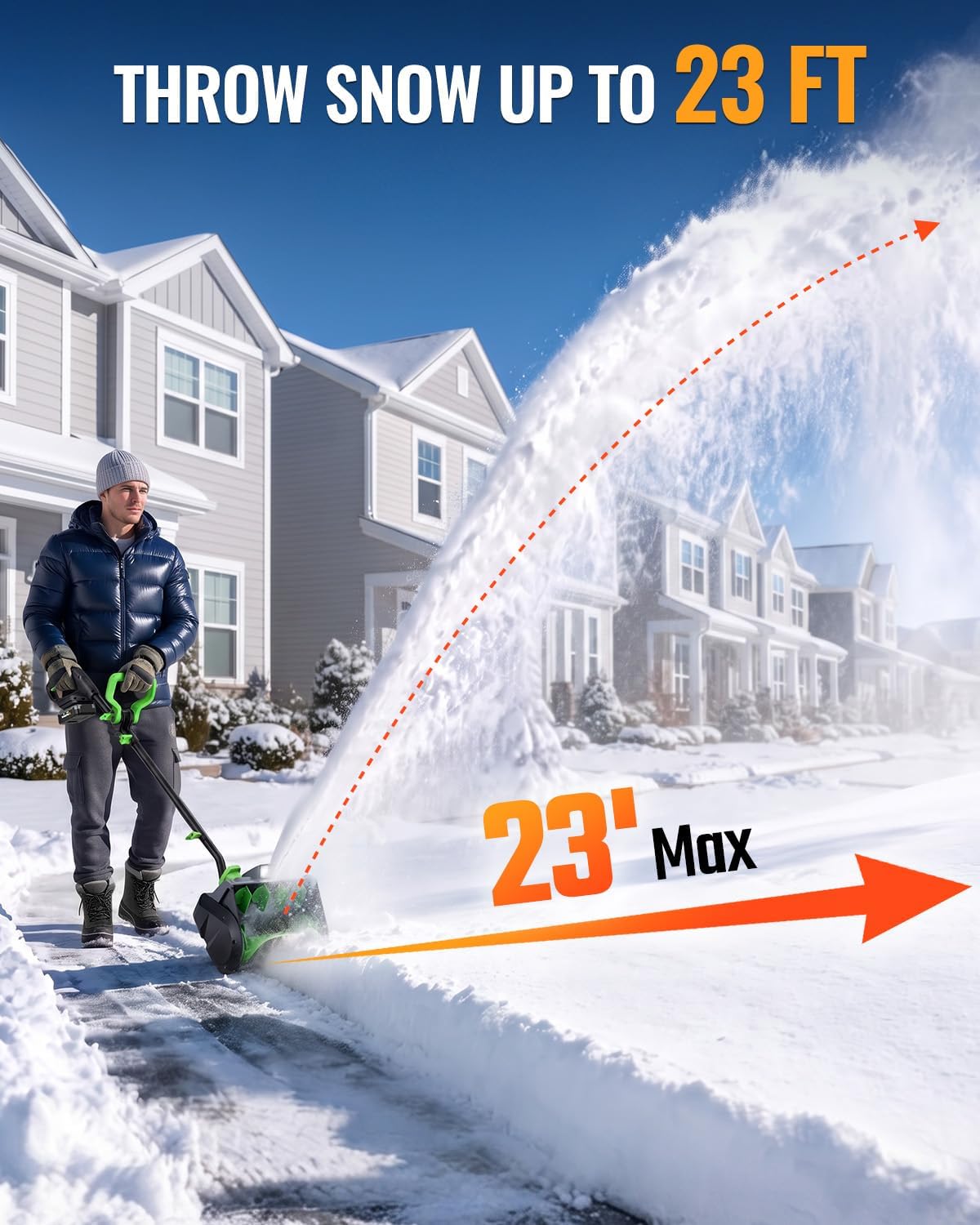 Workprox cordless snow shovel with green and black housing clearing a snowy residential path in daylight.