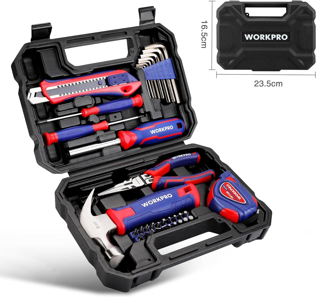 WORKPRO 35-piece tool kit in black foam case with screwdrivers, bits and pliers