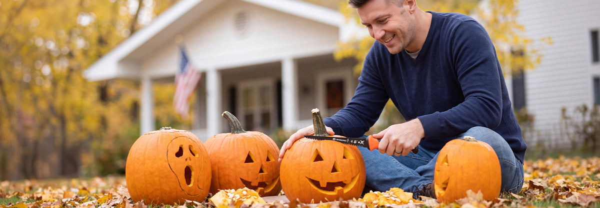Man carving jack o lanterns with a knife outdoors among autumn leaves in front of a house