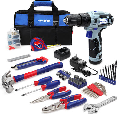 Workpro tool set with cordless drill, hammer, pliers, screwdrivers, bits, tape measure, and storage bag