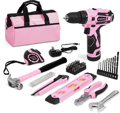 Pink cordless drill and hand tool set with matching storage bag, hammer, pliers, level, tape measure, bits and charger