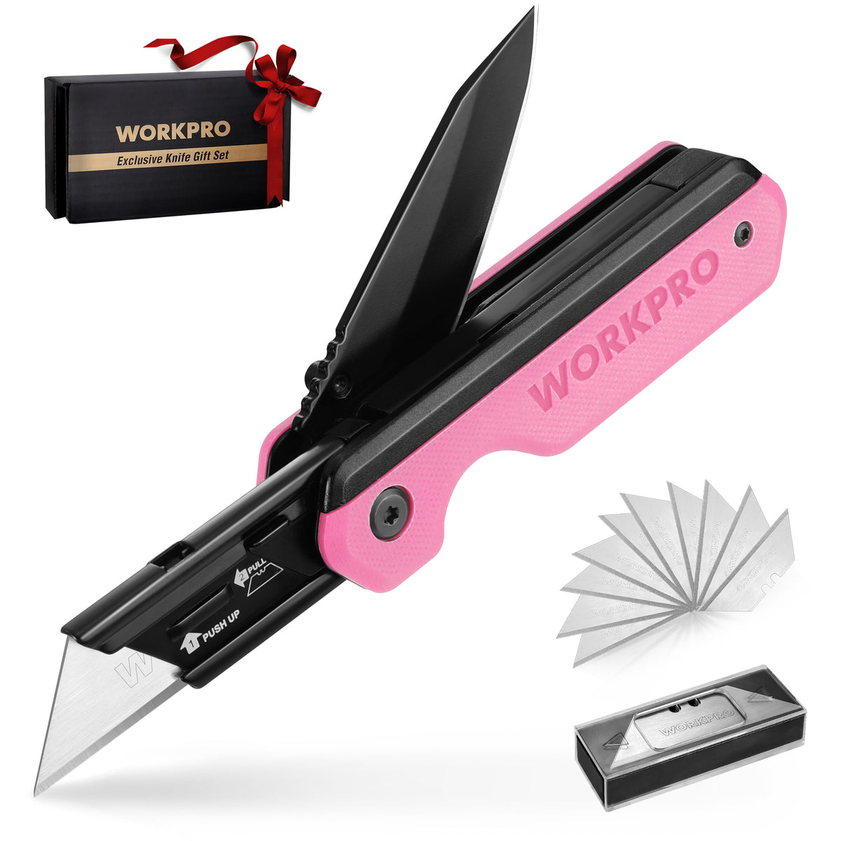 WORKPRO 2-in-1 Folding Knife in pink and black with G10 handle, secure durable innovation quality