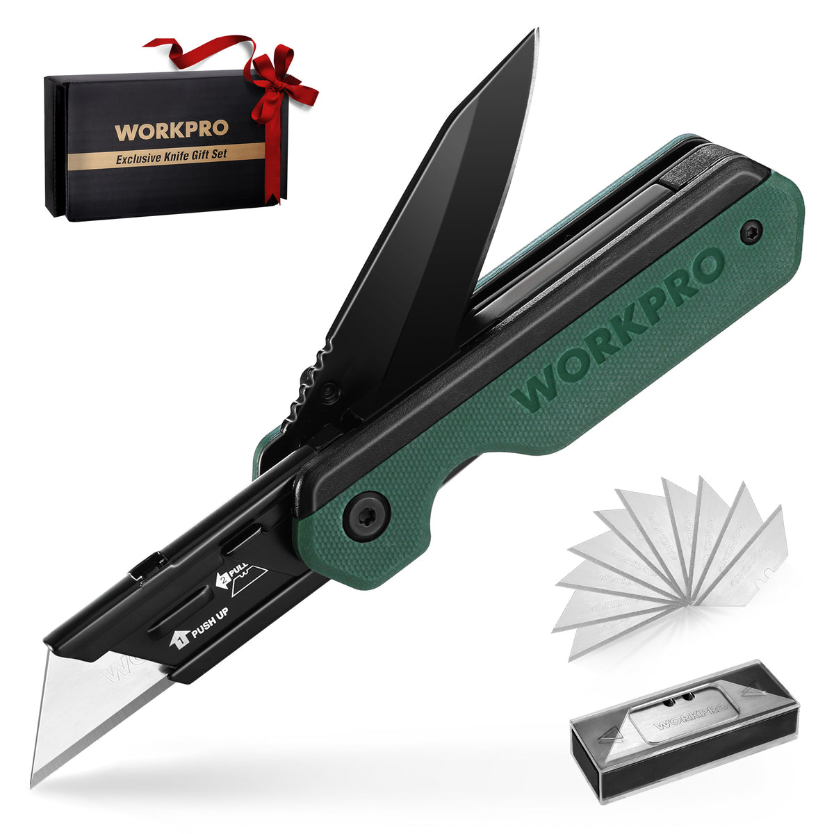 WORKPRO 2-in-1 folding utility knife in green with G10 handle, innovation quality and durable secure liner lock
