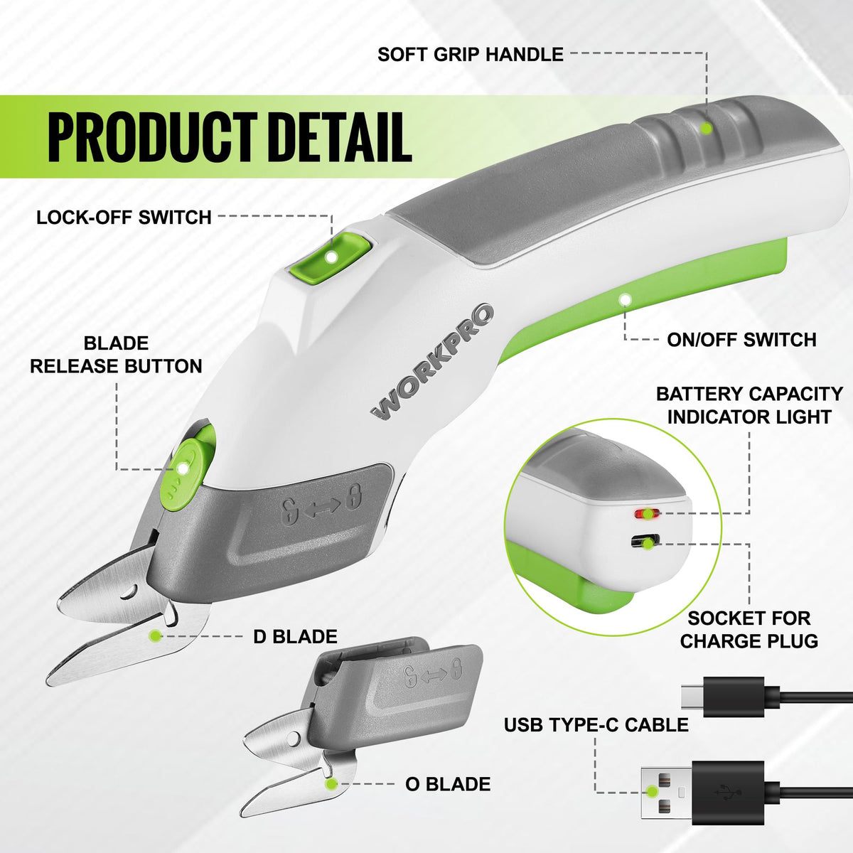 Cordless electric scissors with green switches, blade release button, and front blade