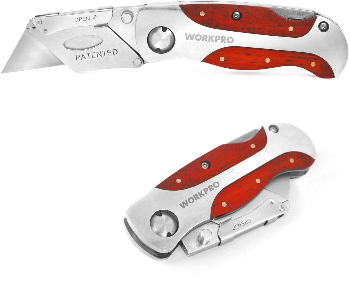 Workpro quick-change utility knife with red wood grain handle and anti-slip grip for secure handling.