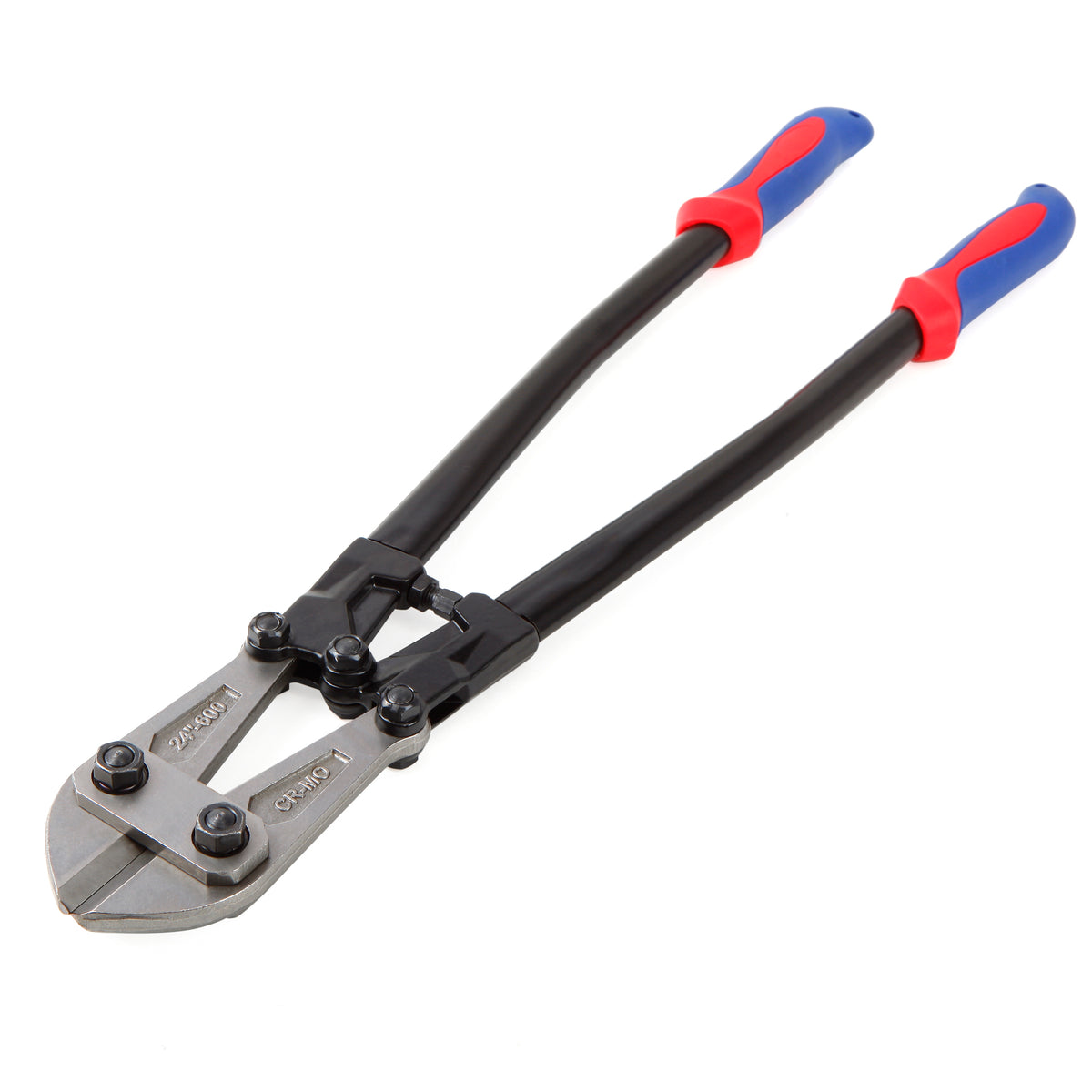 Workpro bolt cutter with bi-material handles, black shafts, red and blue grips, and drop-forged steel jaws.