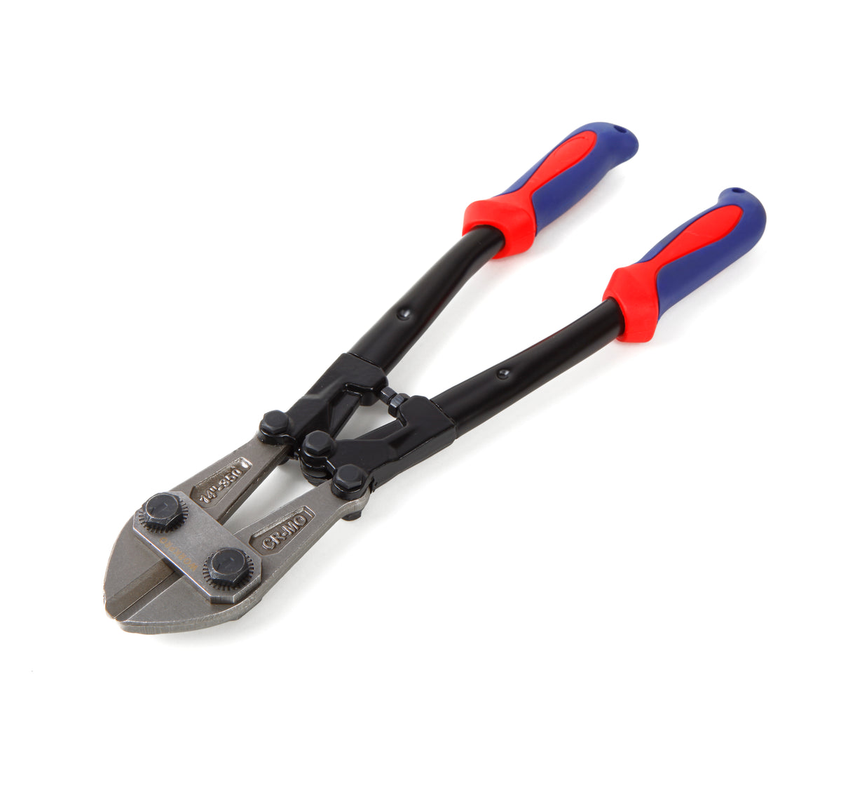 Workpro 14 inch bolt cutter in red and blue with drop-forged chrome molybdenum steel jaws for bolt cutting.