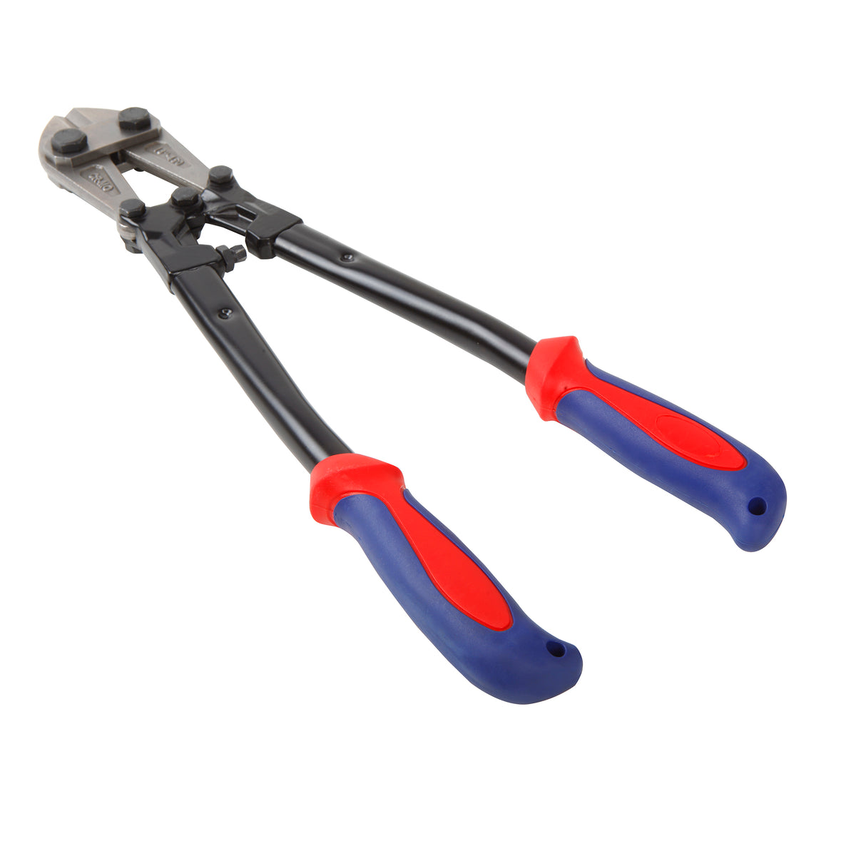Workpro bolt cutter with bi-material handle is shown in blue and red with cutting capacity up to 8 mm.