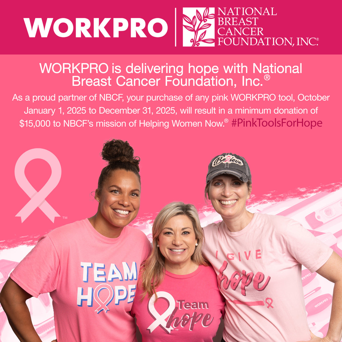 Pink awareness T-shirts worn by three people