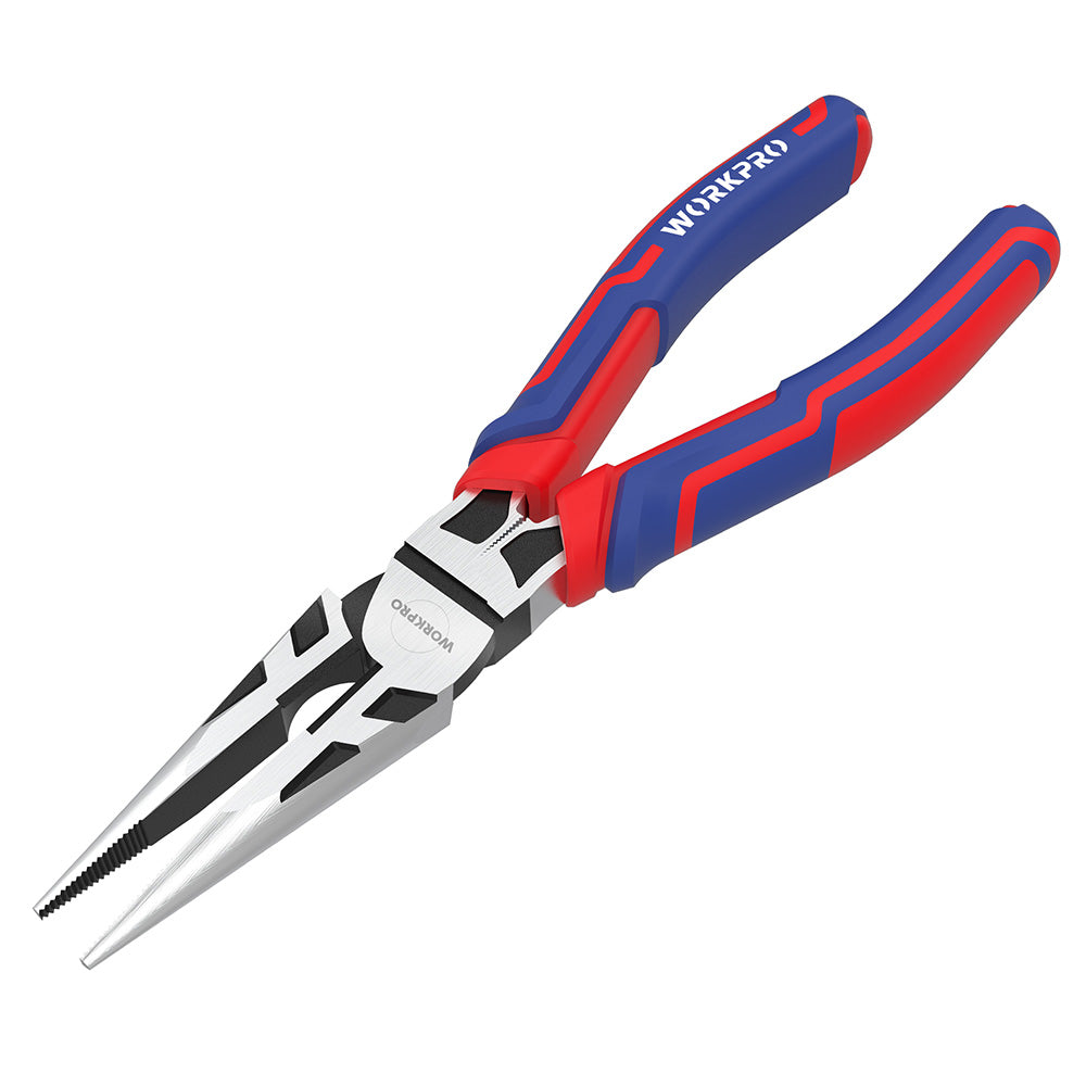 WORKPRO Premium 8 inch needle nose pliers in red and blue with secure grip and wire cutter