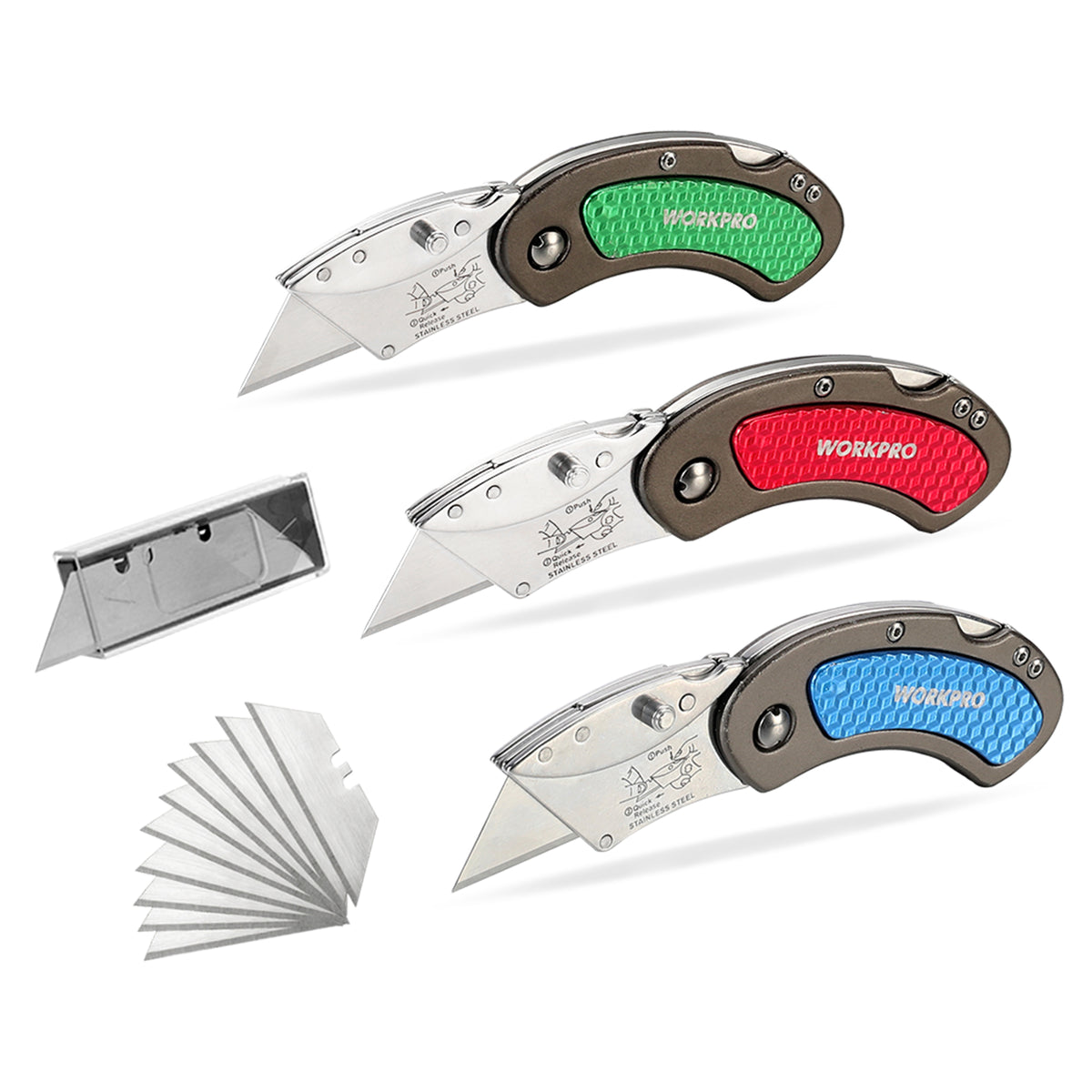 Workpro quick change blade folding utility knife set with solid aluminum handles and replacement blades for DIY cutting