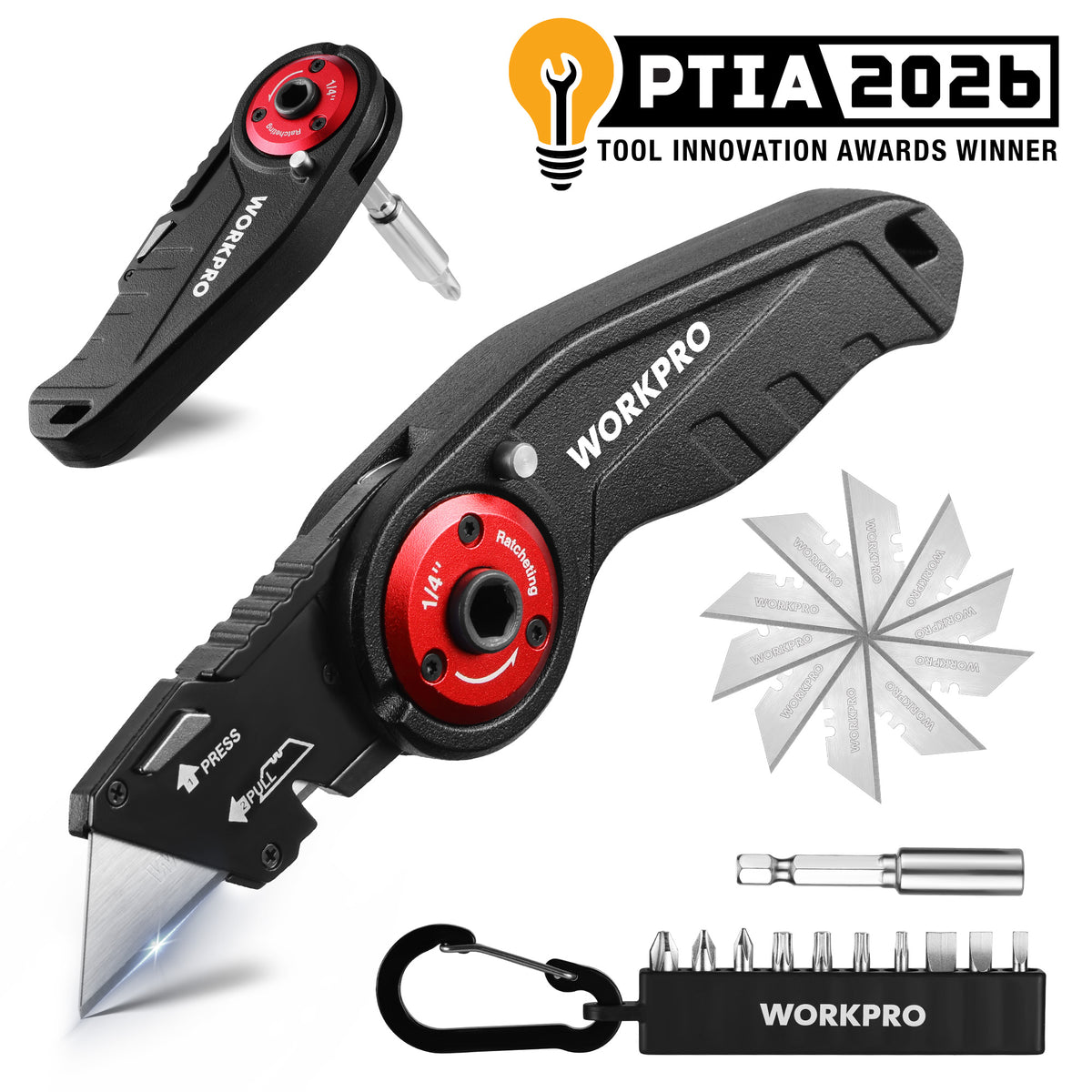 Workpro folding utility knife in black and red with a zinc alloy blade head and aluminum handle.
