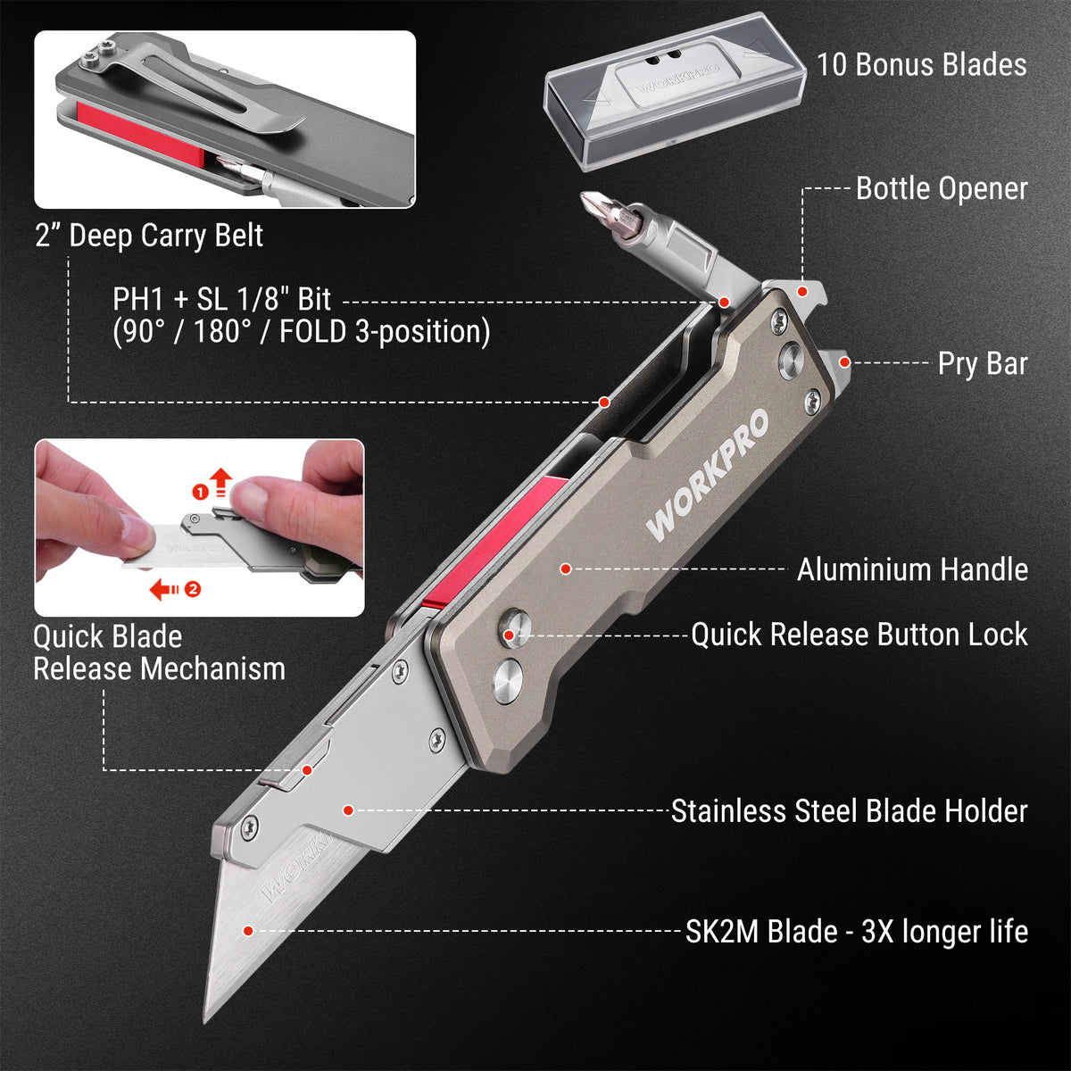 WORKPRO Titanium CNC Machined Utility Knife with extra 10 Blades, Aluminium Handle
