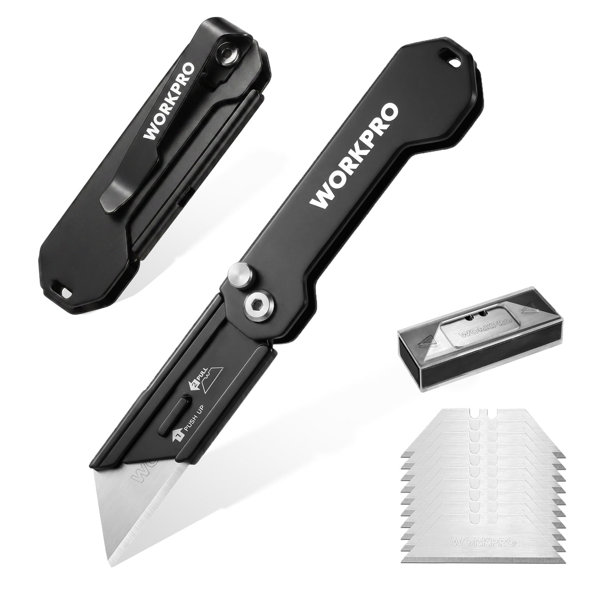 WORKPRO 2PCS EDC folding utility knife in black with innovation, quality, and quick change blade mechanism