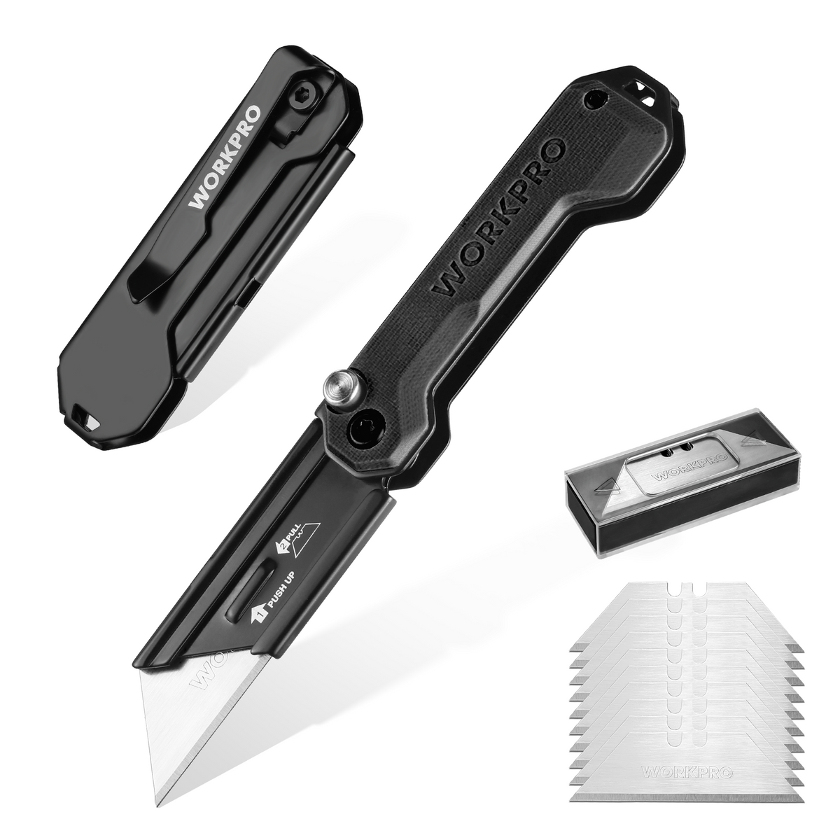 WORKPRO 2PCS EDC folding utility knife in black with stainless steel quality, secure and durable design