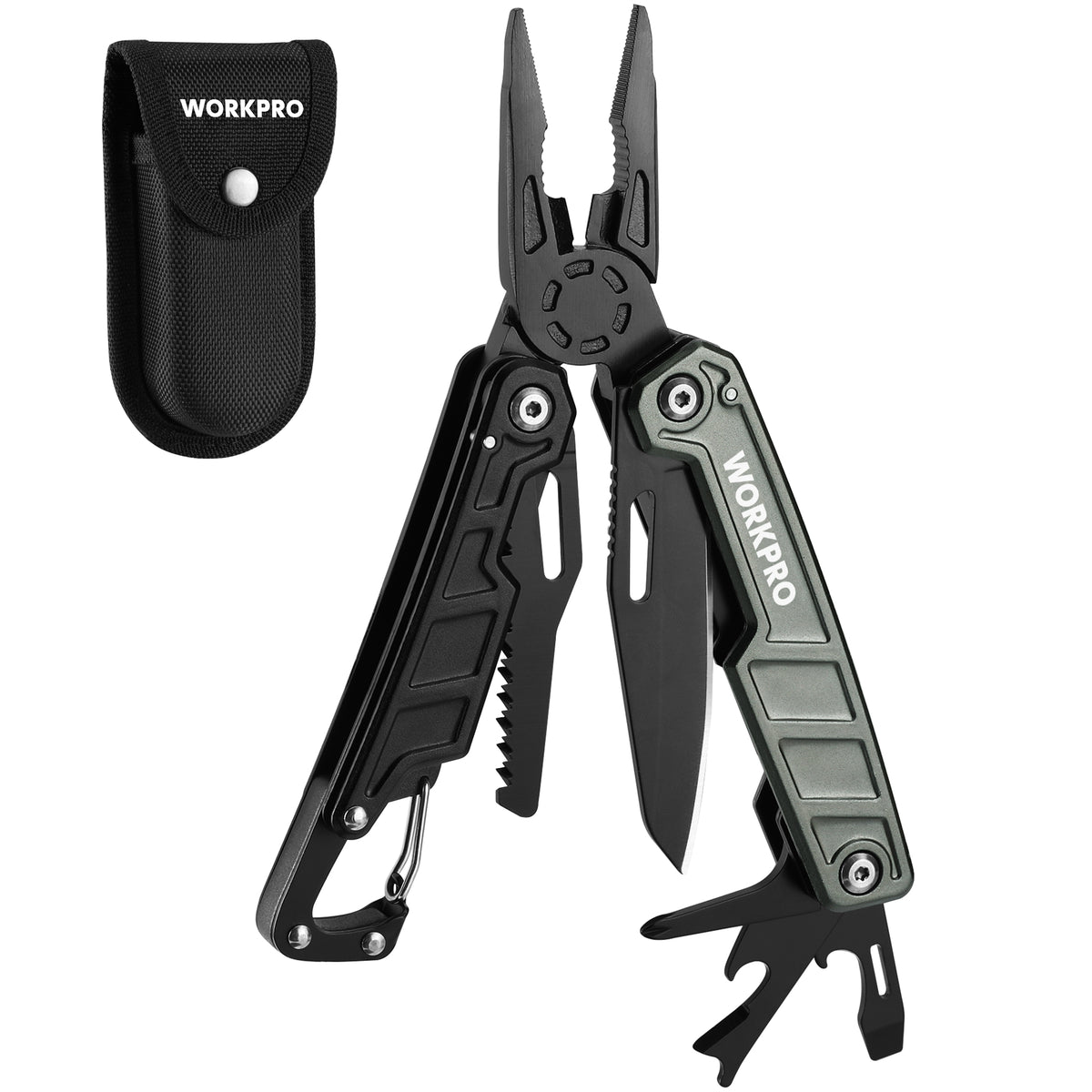 Workpro 11 in 1 multitool pliers in black with stainless steel construction for outdoor use.