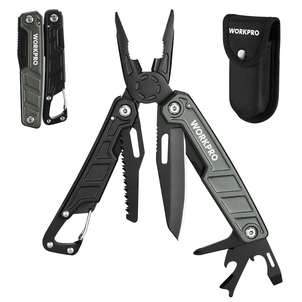 Workpro 11 in 1 multitool pliers in black with stainless steel construction and compact folding tools