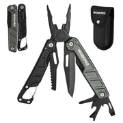Workpro 11 in 1 multitool pliers in black with stainless steel construction and compact folding tools
