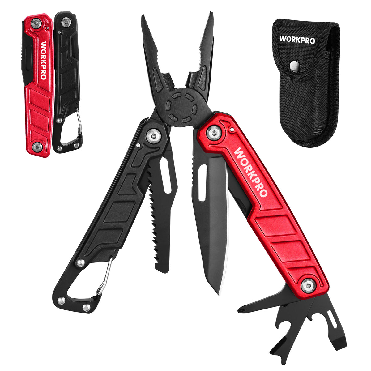 Workpro 11-in-1 multitool pliers in red with stainless steel construction for camping and outdoor activities.