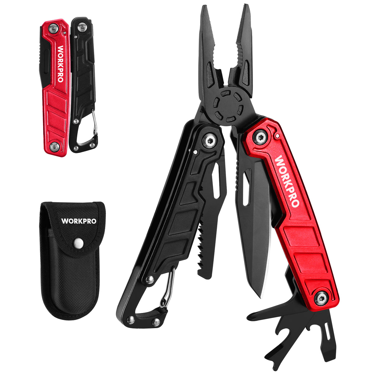 Workpro 11-in-1 multitool pliers in red with stainless steel construction and folding tool design