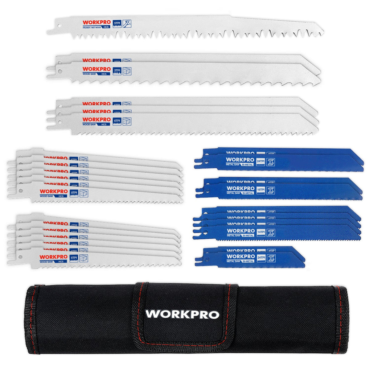 WORKPRO 32 Pcs Reciprocating Saw Blade Set with organizer pouch, innovation and durable quality, secure storage