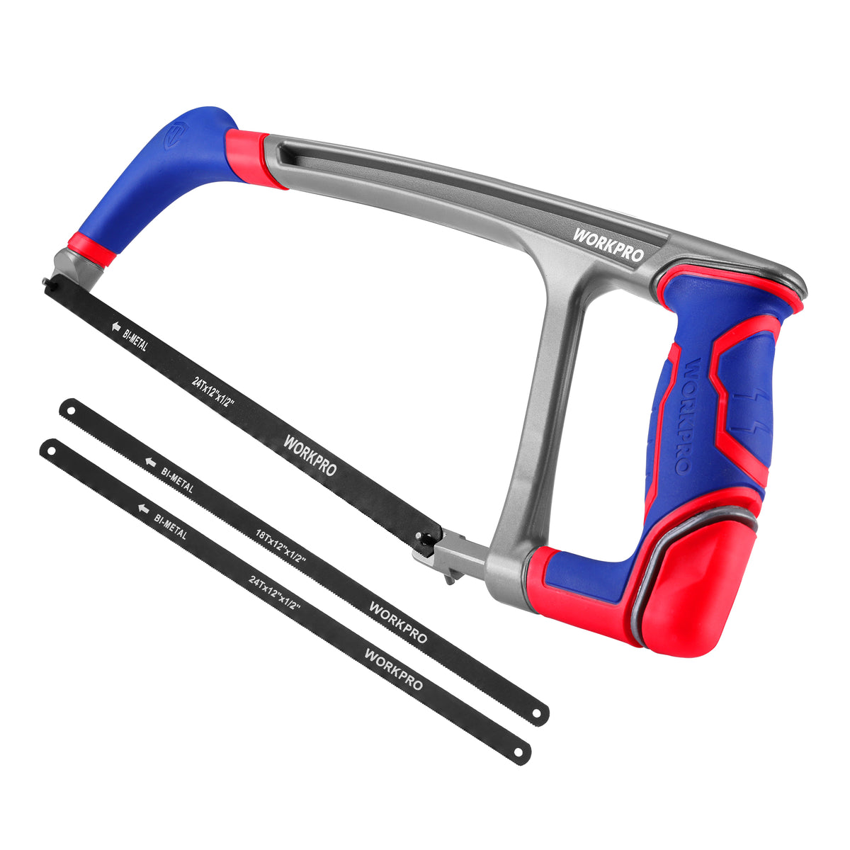 Workpro 12 inch hacksaw with two extra bi-metal saw blades, red and blue handle with a textured grip and silver frame.