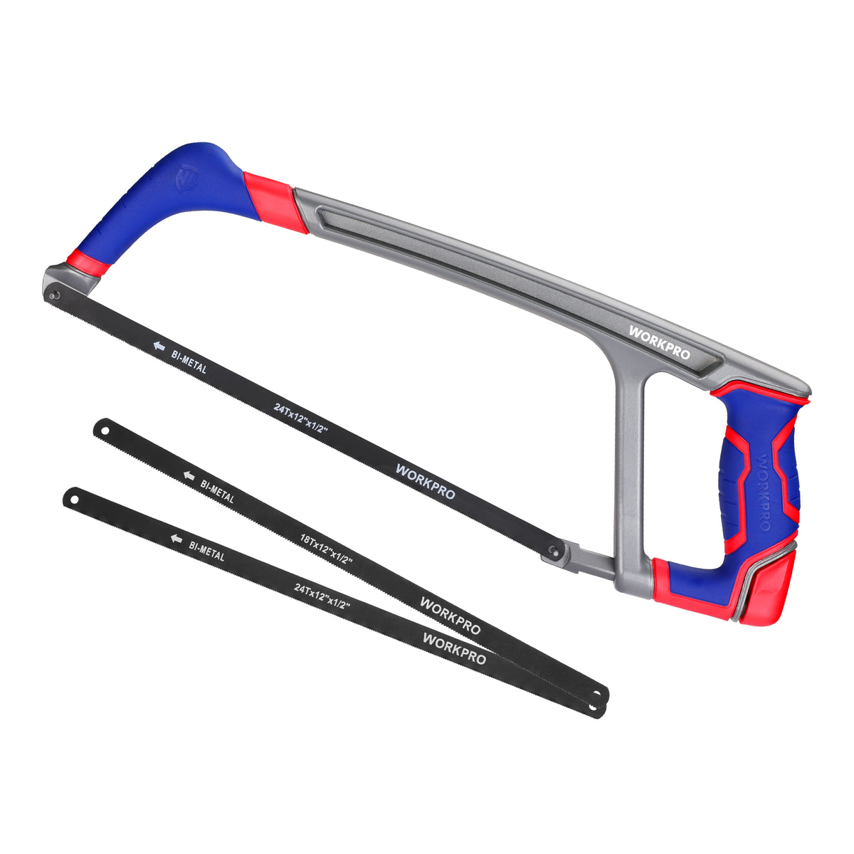 Workpro 12 inch hacksaw with two extra bi-metal saw blades, blue and red handle with silver metal frame.