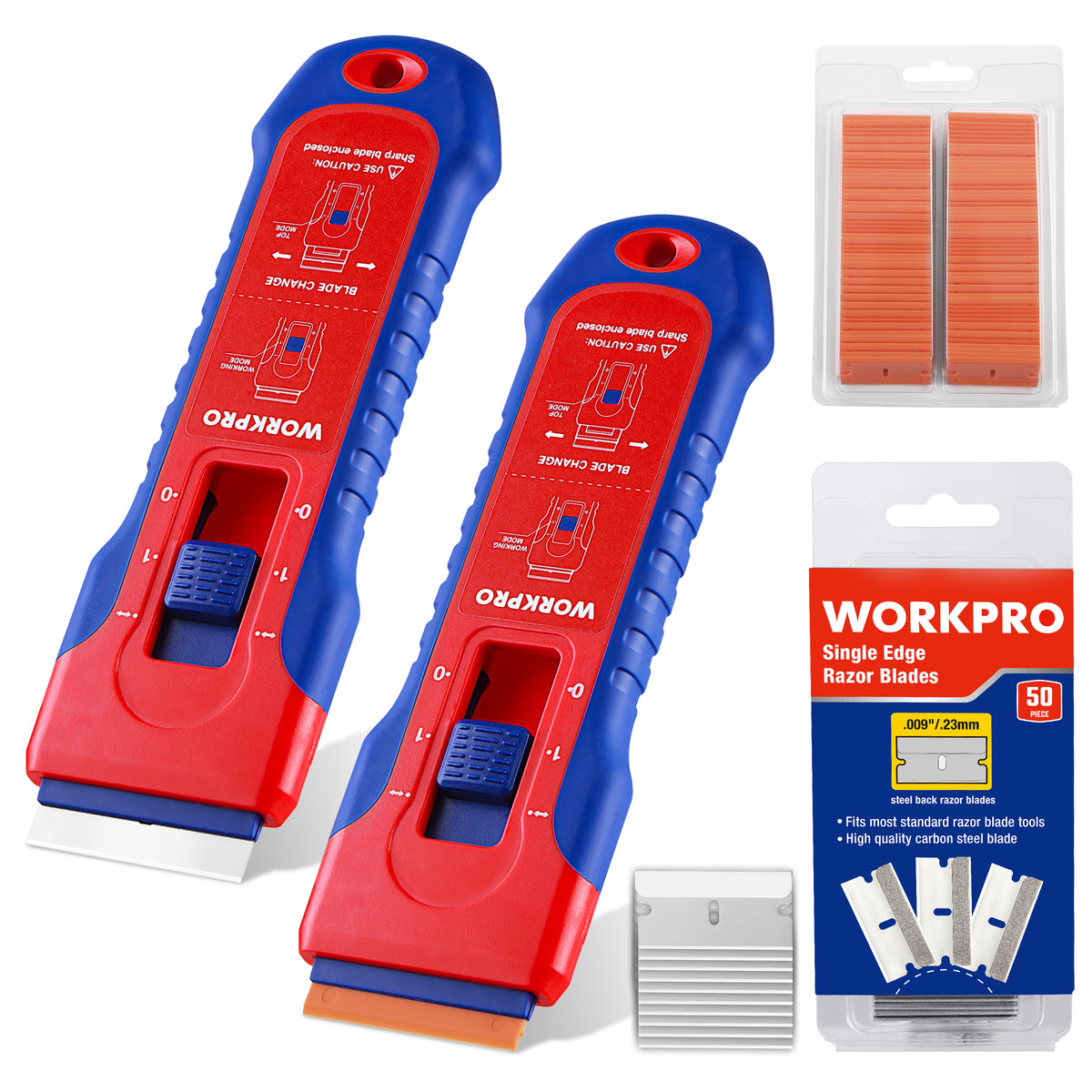 WORKPRO 2-Pack Retractable Razor Scraper Set with built-in blade storage, innovation quality and durable secure grip