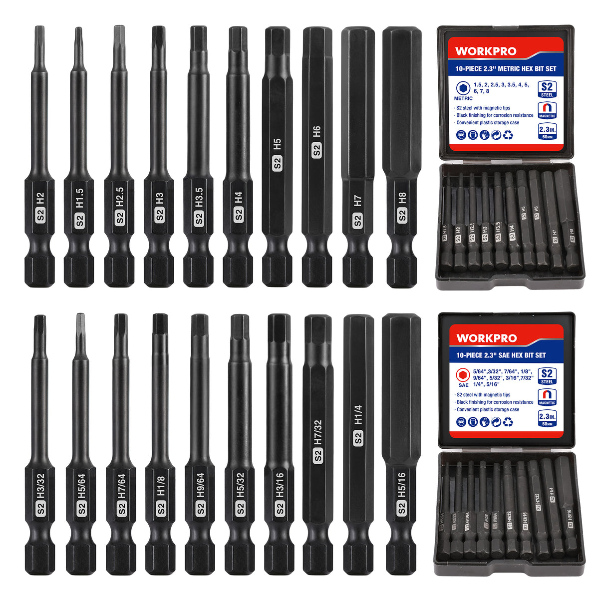 Hex head Allen wrench drill bit set with multiple bits and two black storage cases